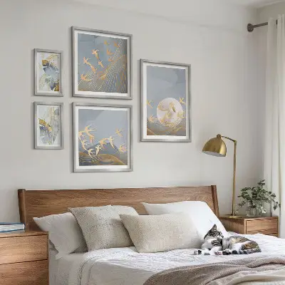 Pared galería de arte pájaros elegantes con hojas grises