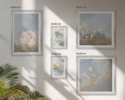 Pared galería de arte pájaros elegantes con hojas grises