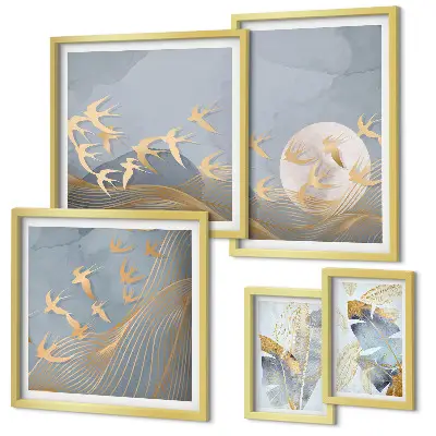 Pared galería de arte pájaros elegantes con hojas grises