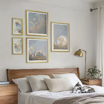 Pared galería de arte pájaros elegantes con hojas grises