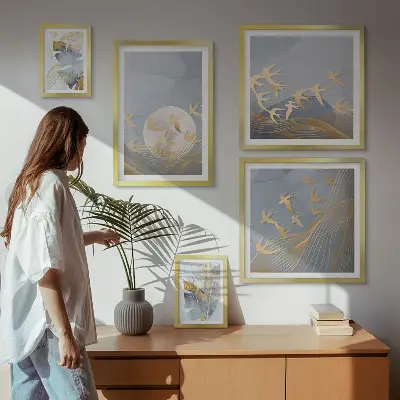 Pared galería de arte pájaros elegantes con hojas grises