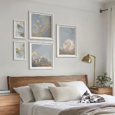 Pared galería de arte pájaros elegantes con hojas grises