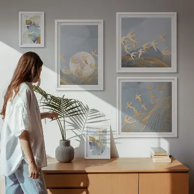 Pared galería de arte pájaros elegantes con hojas grises