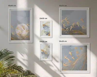 Pared galería de arte pájaros elegantes con hojas grises