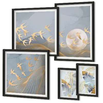 Pared galería de arte pájaros elegantes con hojas grises
