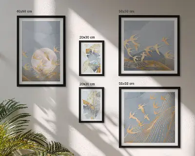 Pared galería de arte pájaros elegantes con hojas grises