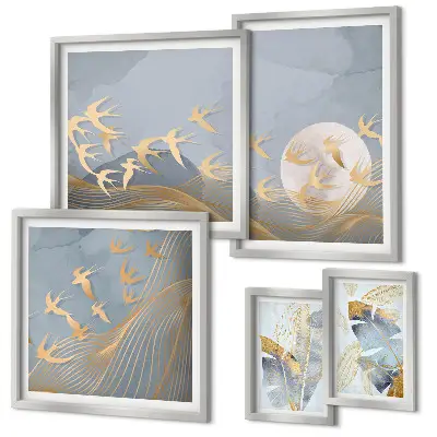 Pared galería de arte pájaros elegantes con hojas grises