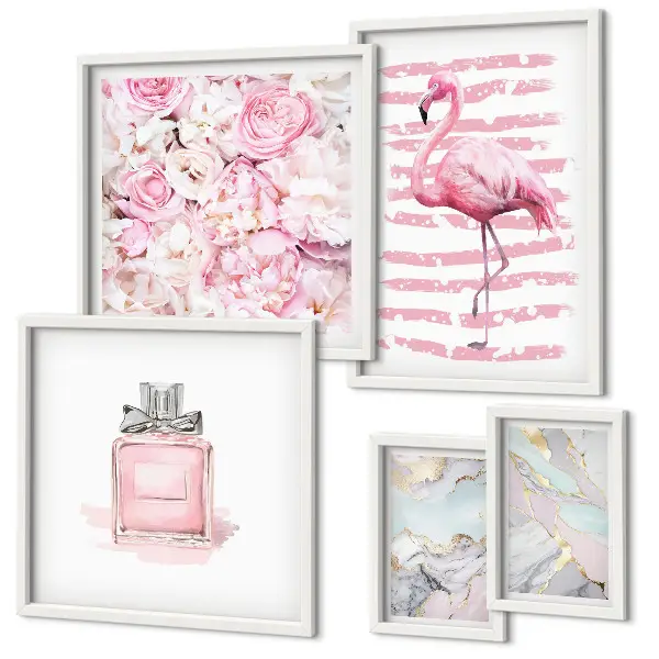 Set de 5 cuadros para salón con elegantes detalles de flores de flamenco en rosa