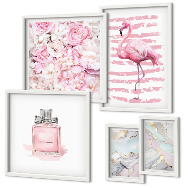 Set de 5 cuadros para salón Elegantes detalles en rosa con flores de flamenco
