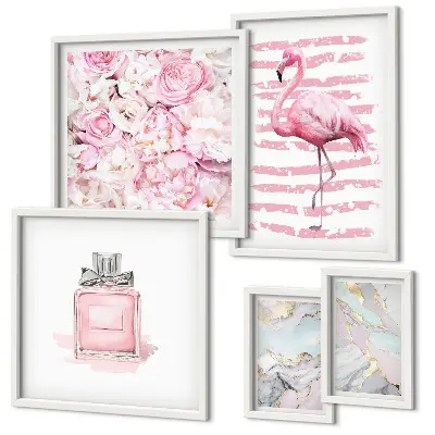 Set de 5 cuadros para salón con elegantes detalles de flores de flamenco en rosa
