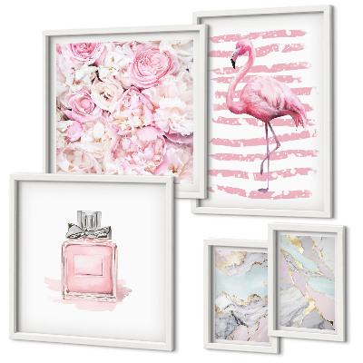 Set de 5 cuadros para salón Elegantes detalles en rosa con flores de flamenco
