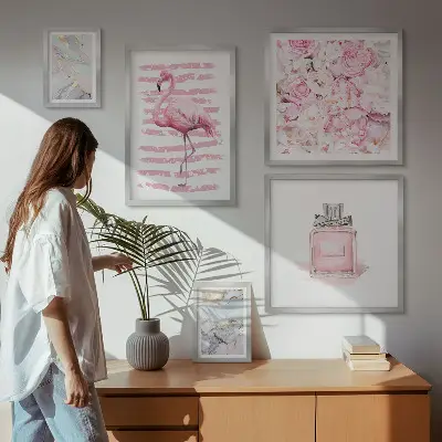 Set de 5 cuadros para salón con elegantes detalles de flores de flamenco en rosa