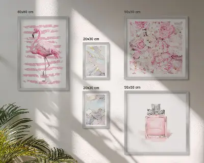 Set de 5 cuadros para salón con elegantes detalles de flores de flamenco en rosa