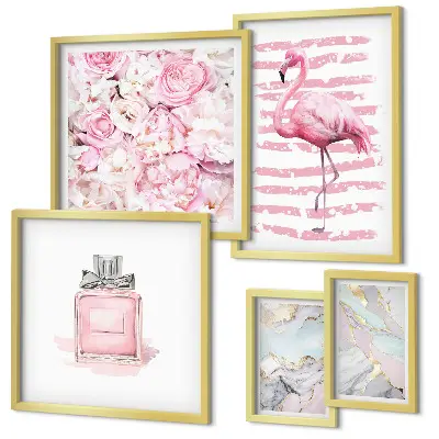 Set de 5 cuadros para salón con elegantes detalles de flores de flamenco en rosa