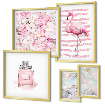 Set de 5 cuadros para salón Elegantes detalles en rosa con flores de flamenco