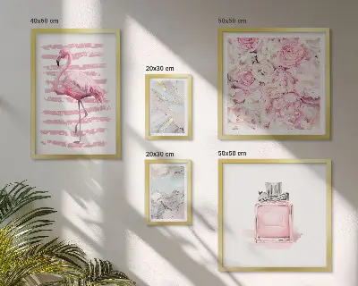 Set de 5 cuadros para salón con elegantes detalles de flores de flamenco en rosa