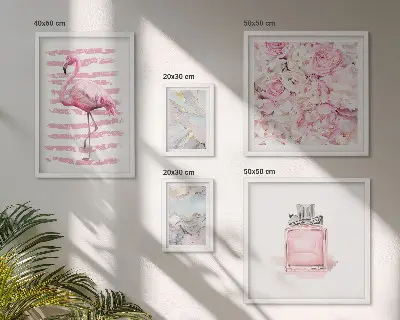 Set de 5 cuadros para salón con elegantes detalles de flores de flamenco en rosa