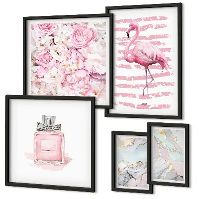Set de 5 cuadros para salón con elegantes detalles de flores de flamenco en rosa