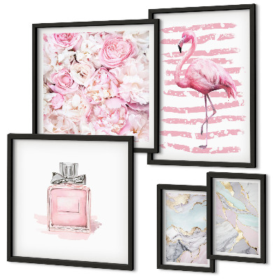Set de 5 cuadros para salón Elegantes detalles en rosa con flores de flamenco