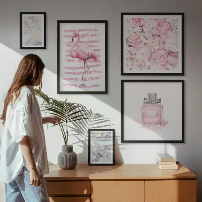 Set de 5 cuadros para salón con elegantes detalles de flores de flamenco en rosa