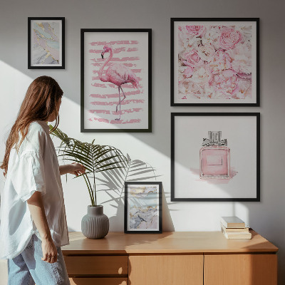 Set de 5 cuadros para salón Elegantes detalles en rosa con flores de flamenco