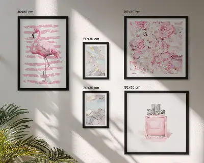 Set de 5 cuadros para salón con elegantes detalles de flores de flamenco en rosa