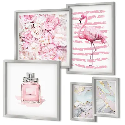 Set de 5 cuadros para salón con elegantes detalles de flores de flamenco en rosa