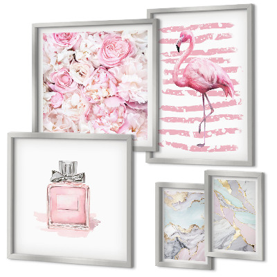 Set de 5 cuadros para salón Elegantes detalles en rosa con flores de flamenco