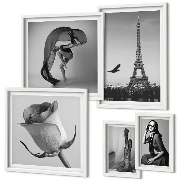 Set de 5 cuadros para salón diseño de París elegante en blanco y negro