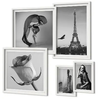 Set de 5 cuadros para salón diseño de París elegante en blanco y negro