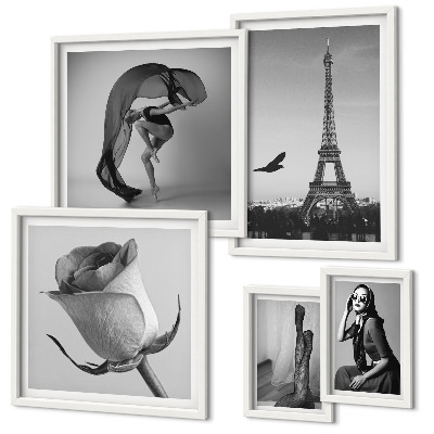 Set de 5 cuadros para salón París elegante en blanco y negro