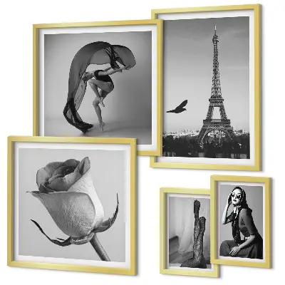 Set de 5 cuadros para salón diseño de París elegante en blanco y negro
