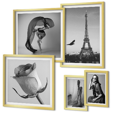 Set de 5 cuadros para salón París elegante en blanco y negro
