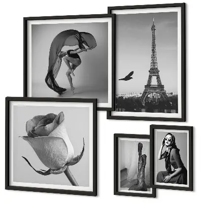 Set de 5 cuadros para salón diseño de París elegante en blanco y negro