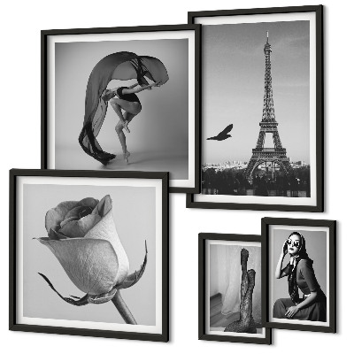 Set de 5 cuadros para salón París elegante en blanco y negro