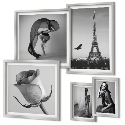 Set de 5 cuadros para salón diseño de París elegante en blanco y negro