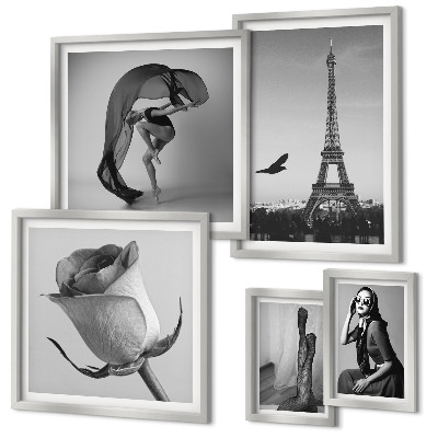 Set de 5 cuadros para salón París elegante en blanco y negro