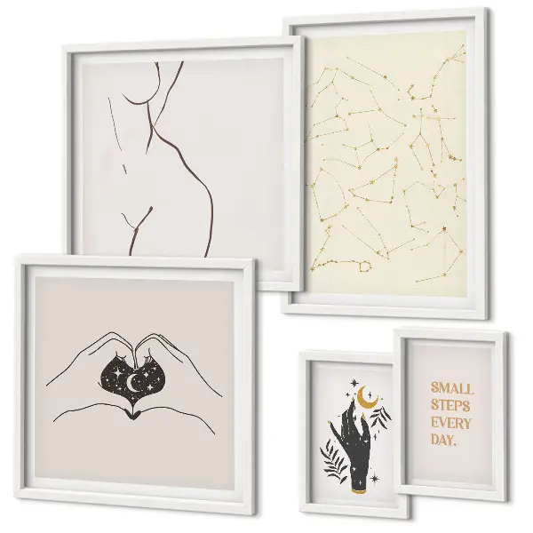 Set de 5 cuadros para salón con motivos espaciales minimalistas