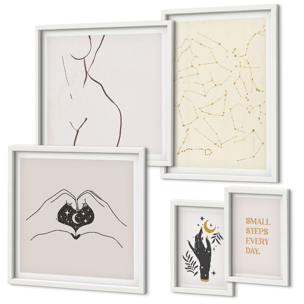 Set de 5 cuadros para salón motivos espaciales minimalistas