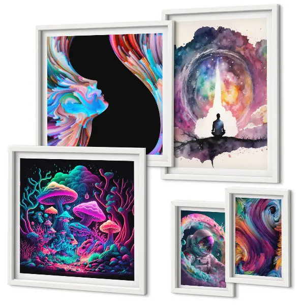 Set de 5 cuadros para salón con diseño de inspiraciones cósmicas surrealistas