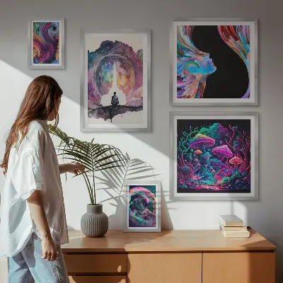 Set de 5 cuadros para salón con diseño de inspiraciones cósmicas surrealistas