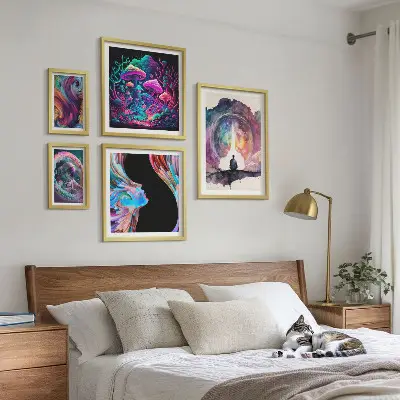 Set de 5 cuadros para salón con diseño de inspiraciones cósmicas surrealistas