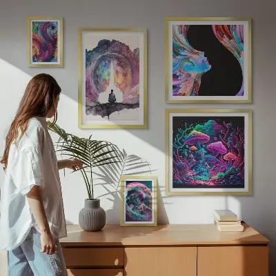 Set de 5 cuadros para salón con diseño de inspiraciones cósmicas surrealistas
