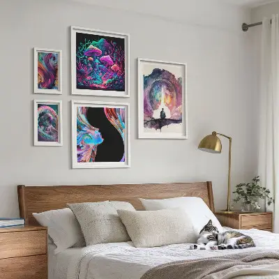 Set de 5 cuadros para salón con diseño de inspiraciones cósmicas surrealistas