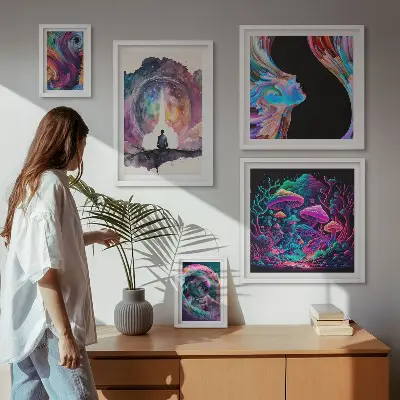 Set de 5 cuadros para salón con diseño de inspiraciones cósmicas surrealistas