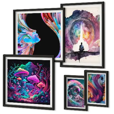 Set de 5 cuadros para salón con diseño de inspiraciones cósmicas surrealistas