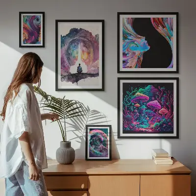 Set de 5 cuadros para salón con diseño de inspiraciones cósmicas surrealistas