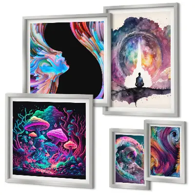 Set de 5 cuadros para salón con diseño de inspiraciones cósmicas surrealistas