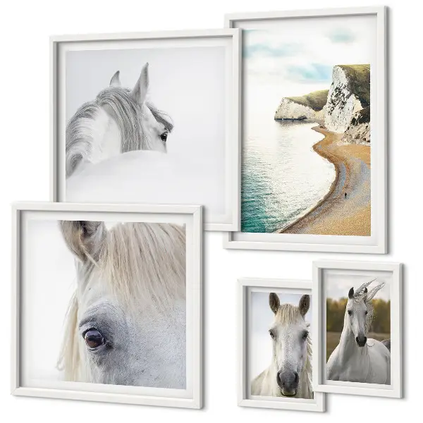 Set de 5 cuadros para salón con diseño de caballos en la playa y estilo minimalista