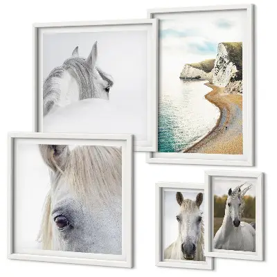 Set de 5 cuadros para salón con diseño de caballos en la playa y estilo minimalista